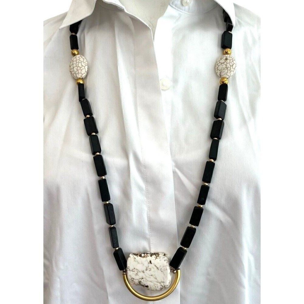 Black Serpentine Long Necklace Geometric White Stone Beaded Everlasting Joy